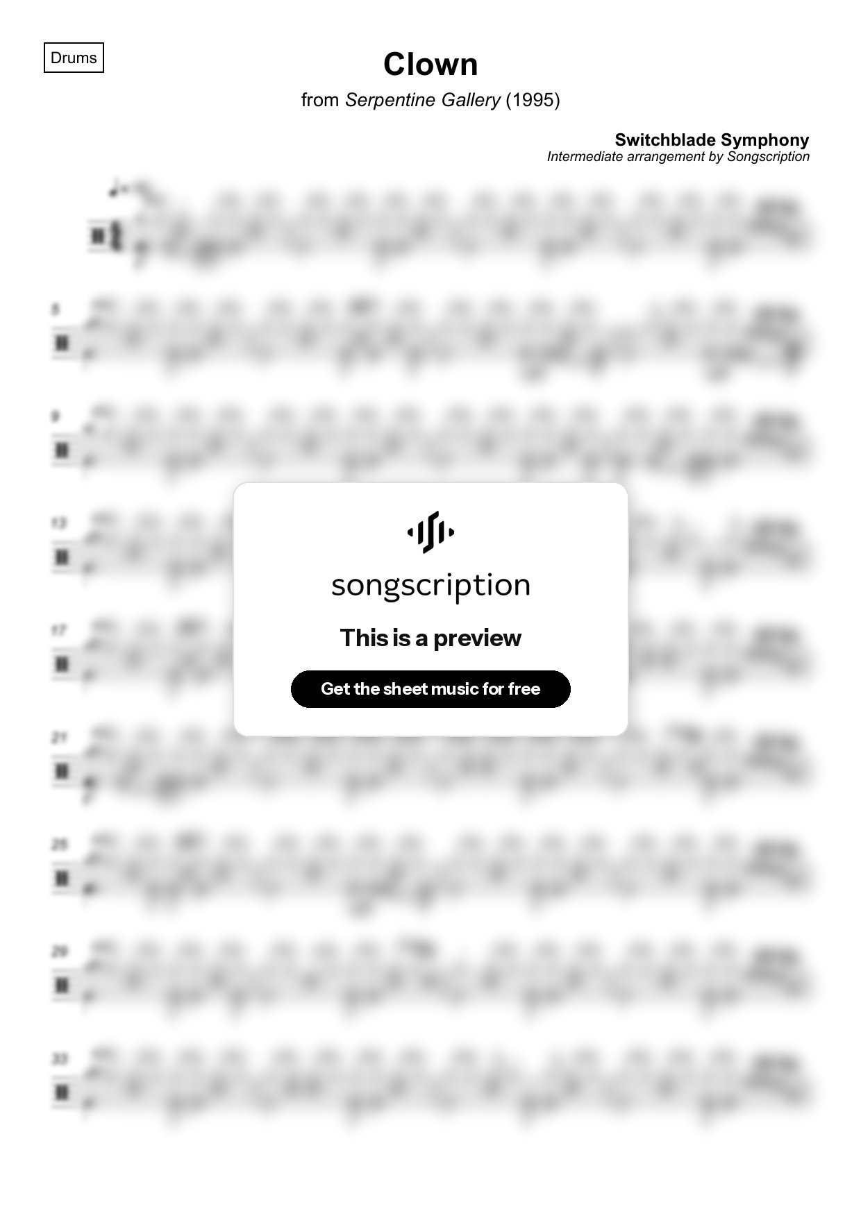 Intermediate Drums Sheet Music for "Clown" by Switchblade Symphony
