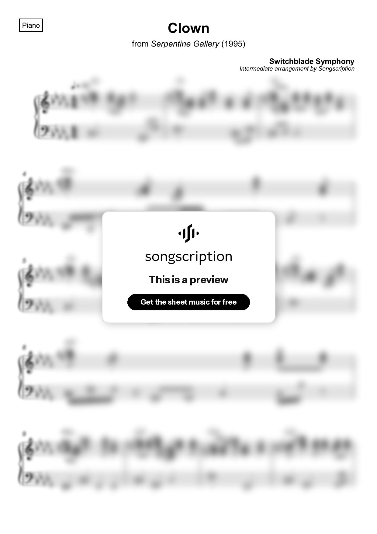 Intermediate Piano Sheet Music for "Clown" by Switchblade Symphony
