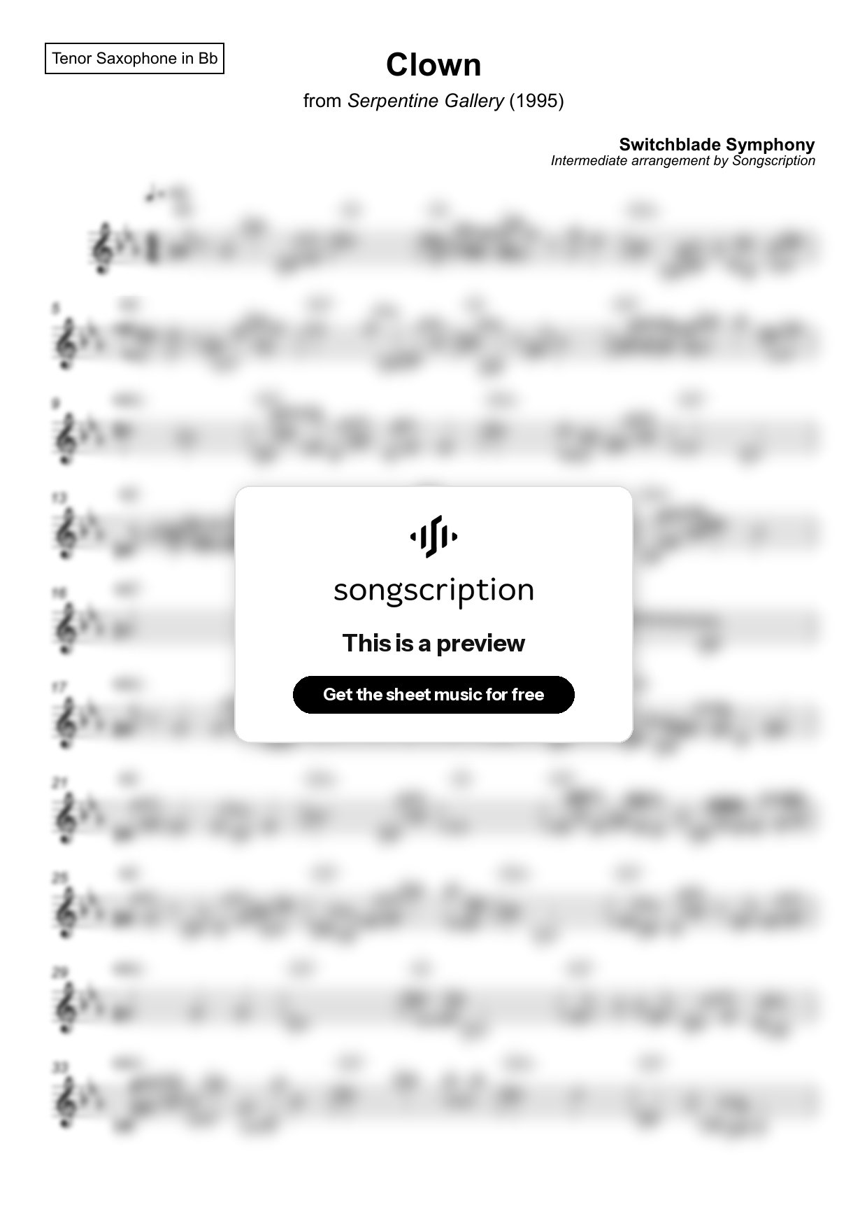 Intermediate Tenor Sax Sheet Music for "Clown" by Switchblade Symphony