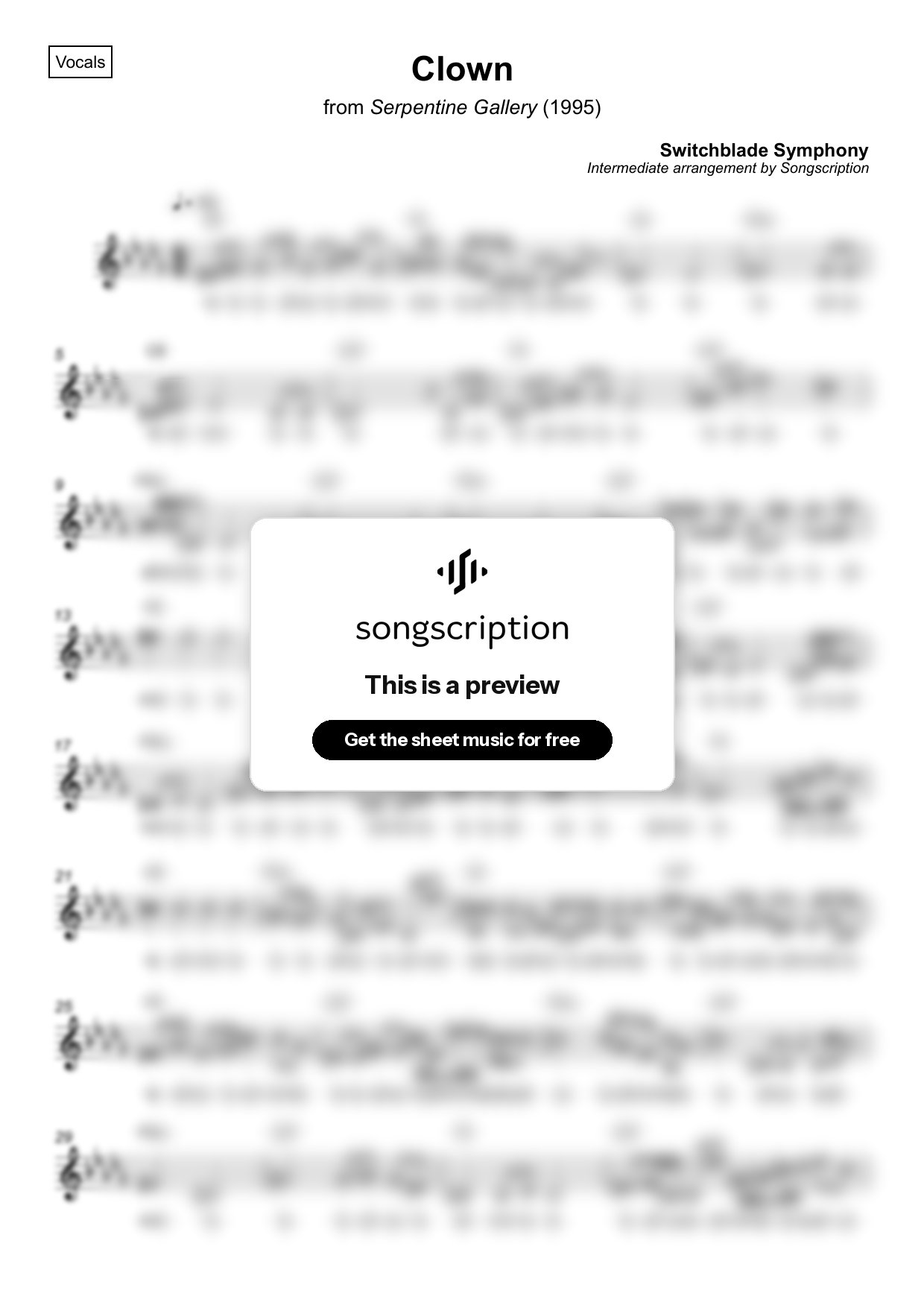 Intermediate Vocals Sheet Music for "Clown" by Switchblade Symphony