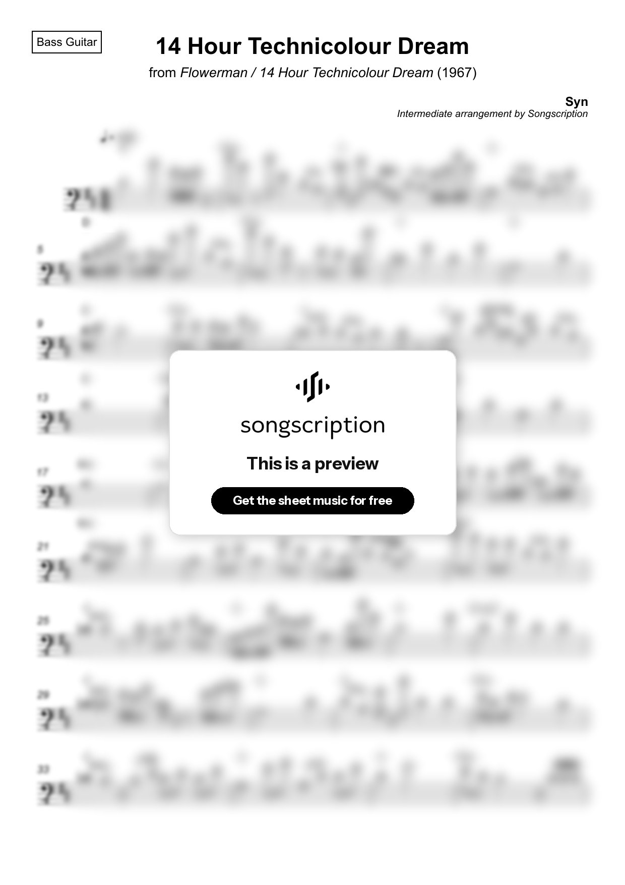 Intermediate Bass Guitar Sheet Music for "14 Hour Technicolour Dream" by Syn