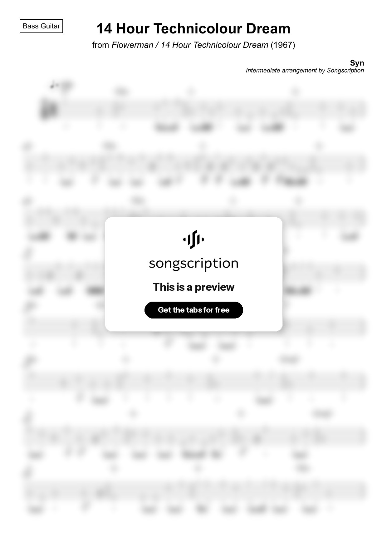 Intermediate Bass Guitar Tabs for "14 Hour Technicolour Dream" by Syn