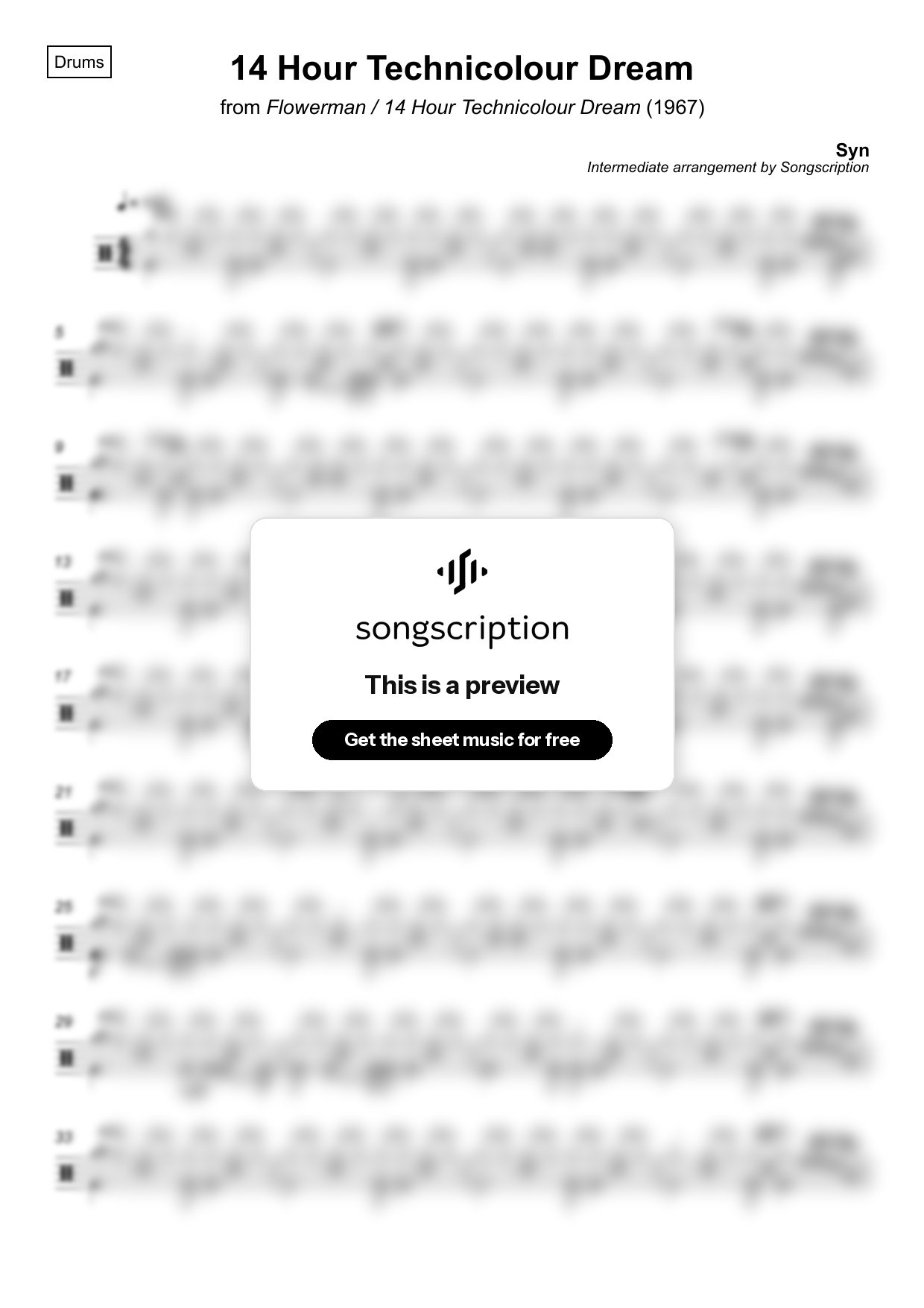 Intermediate Drums Sheet Music for "14 Hour Technicolour Dream" by Syn