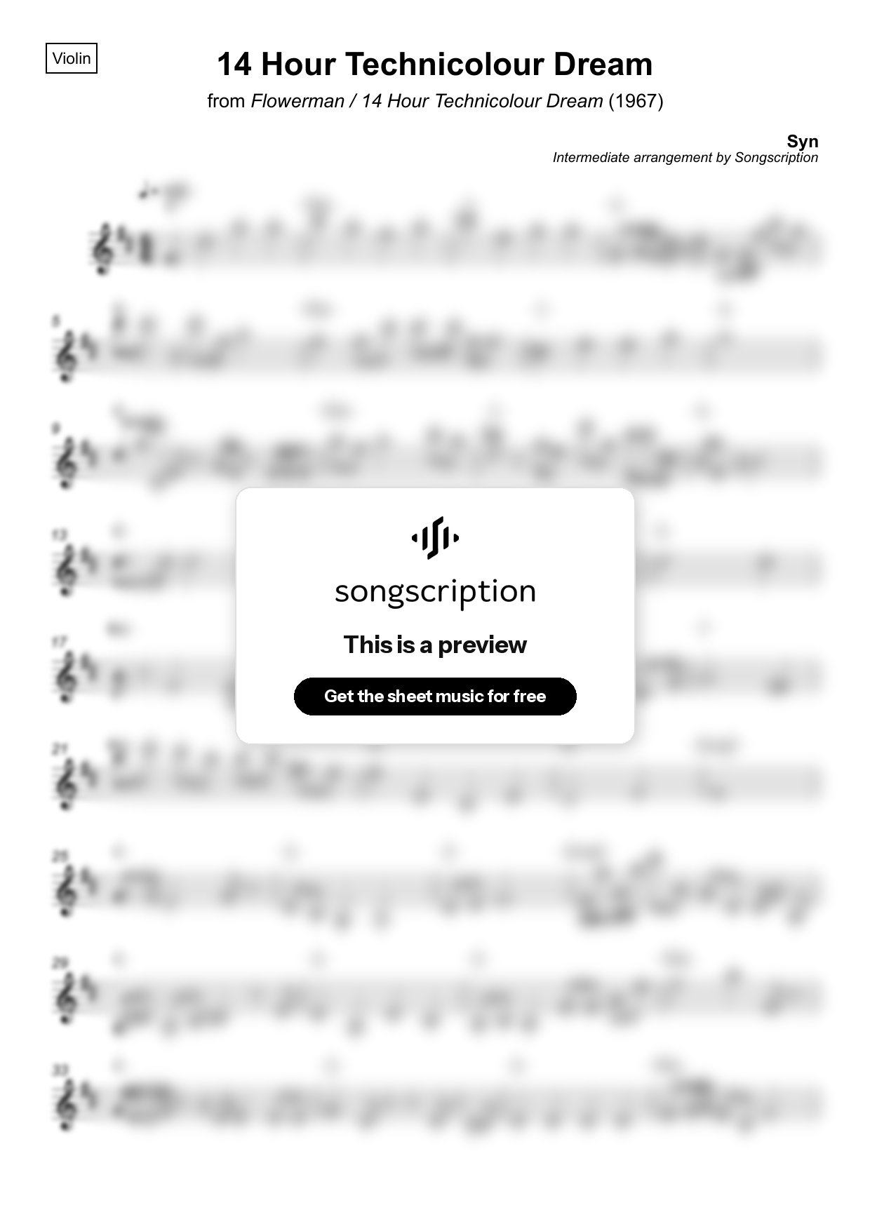 Intermediate Violin Sheet Music for "14 Hour Technicolour Dream" by Syn