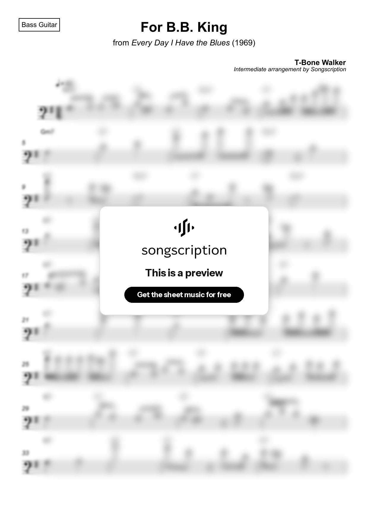 Intermediate Bass Guitar Sheet Music for "For B.B. King" by T-Bone Walker