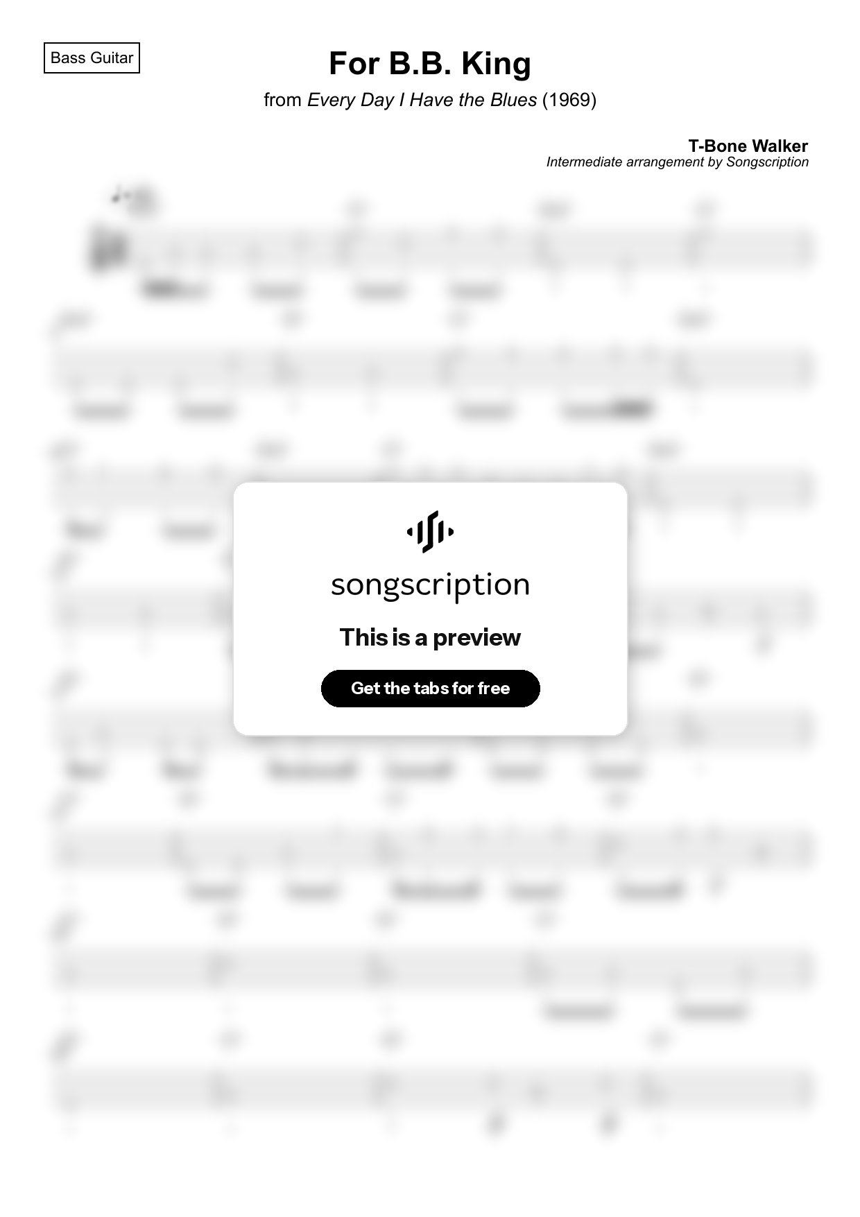 Intermediate Bass Guitar Tabs for "For B.B. King" by T-Bone Walker