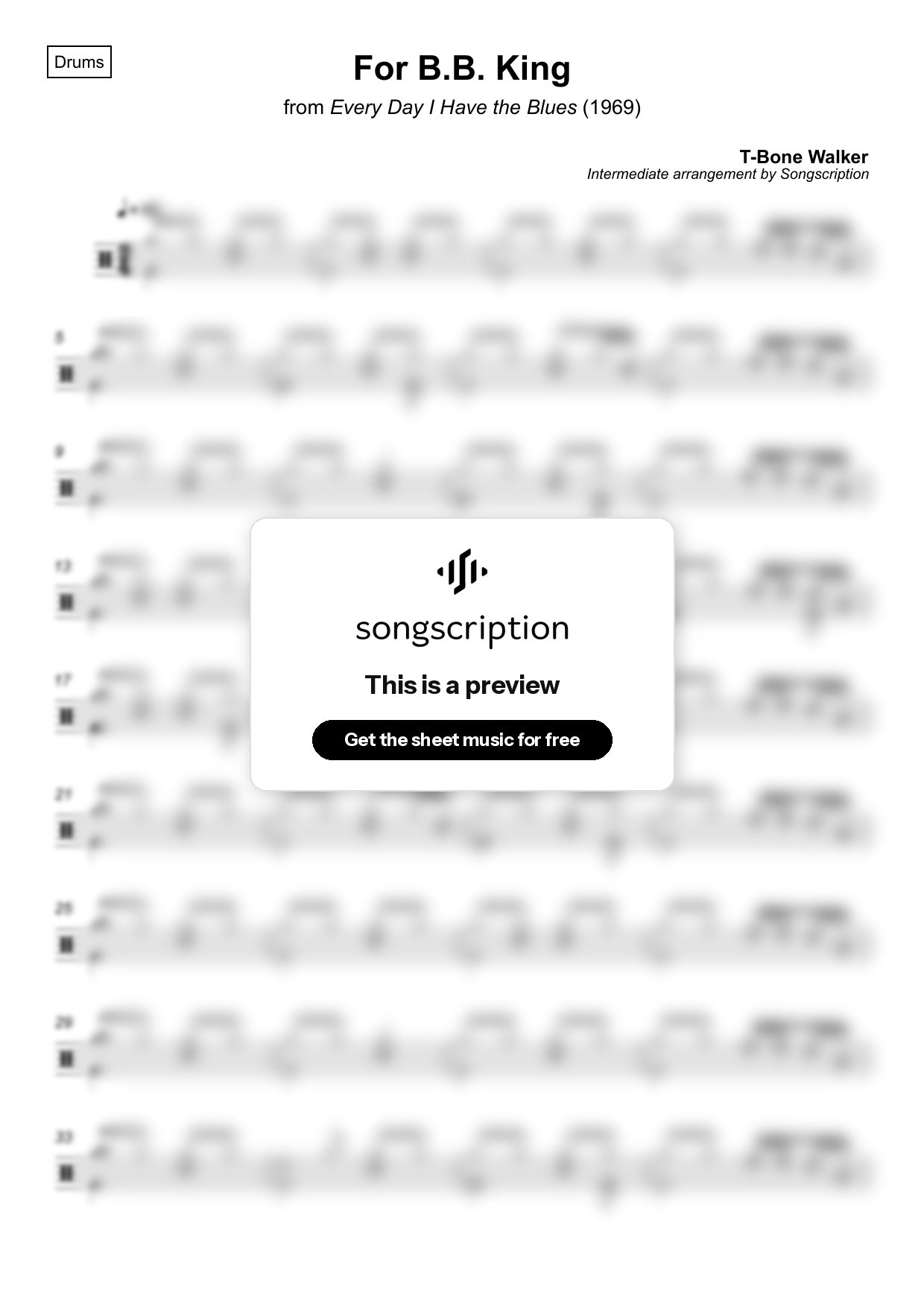 Intermediate Drums Sheet Music for "For B.B. King" by T-Bone Walker
