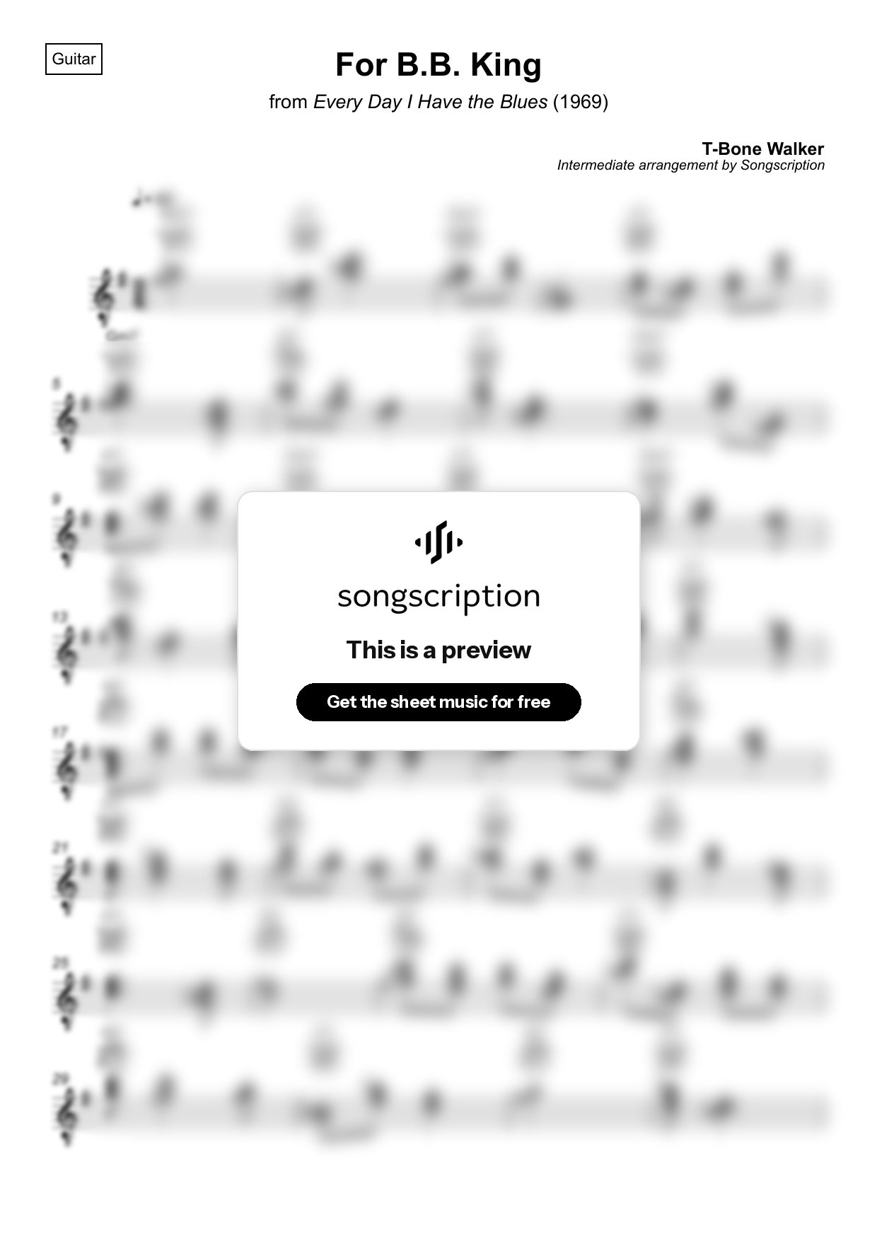 Intermediate Acoustic Guitar Sheet Music for "For B.B. King" by T-Bone Walker