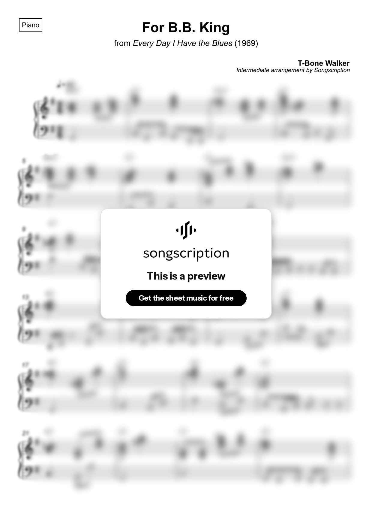 Intermediate Piano Sheet Music for "For B.B. King" by T-Bone Walker