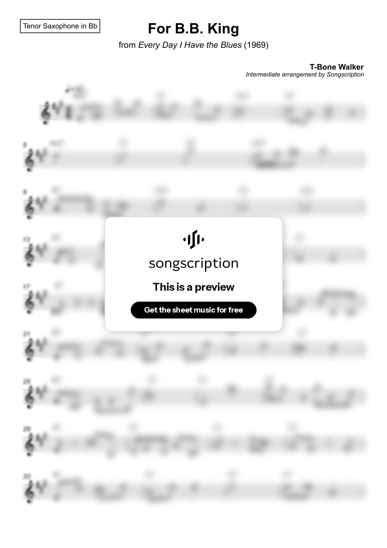 Intermediate Tenor Sax Sheet Music for "For B.B. King" by T-Bone Walker