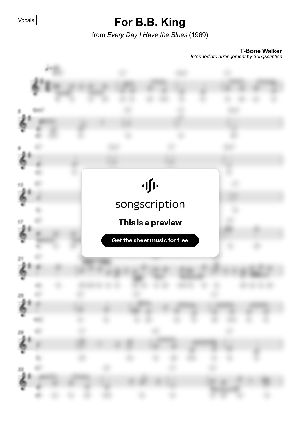 Intermediate Vocals Sheet Music for "For B.B. King" by T-Bone Walker