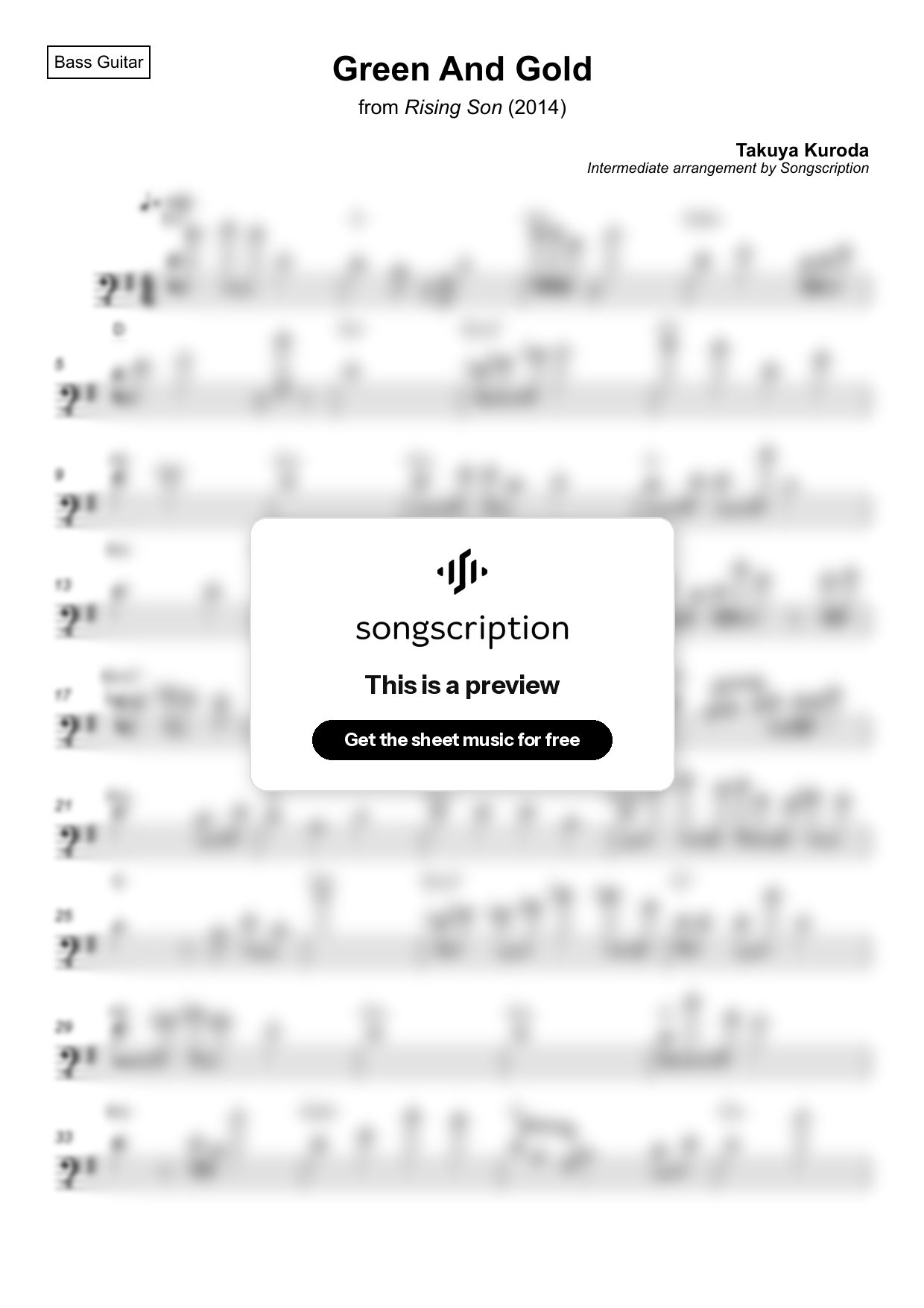 Intermediate Bass Guitar Sheet Music for "Green And Gold" by Takuya Kuroda