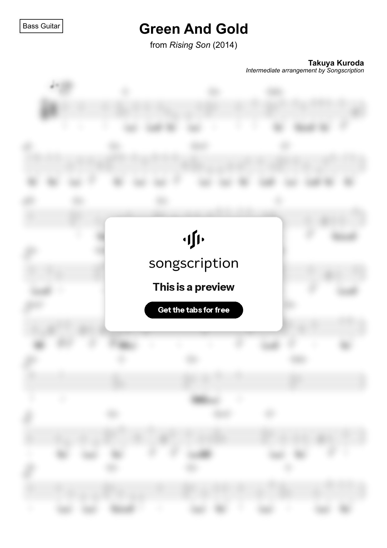 Intermediate Bass Guitar Tabs for "Green And Gold" by Takuya Kuroda
