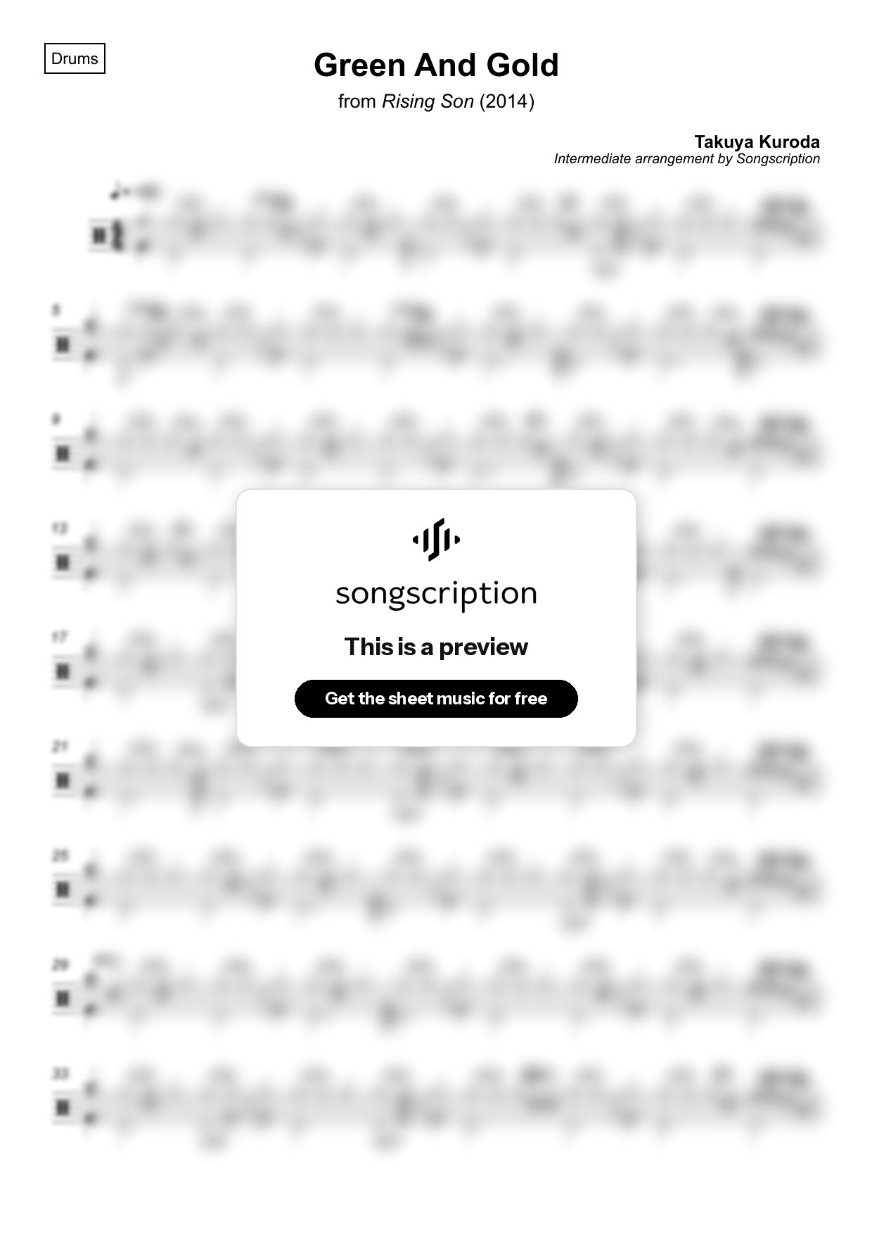 Intermediate Drums Sheet Music for "Green And Gold" by Takuya Kuroda