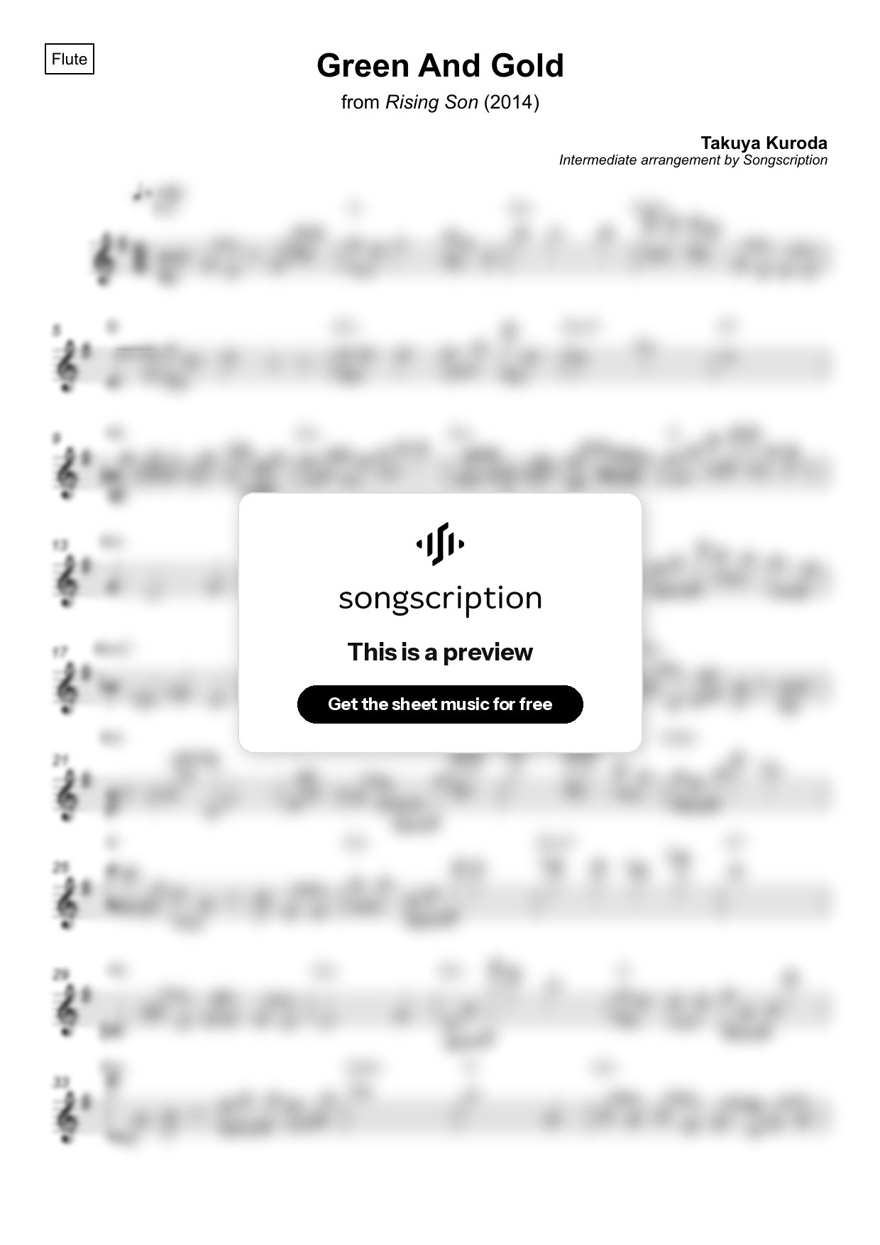 Intermediate Flute Sheet Music for "Green And Gold" by Takuya Kuroda