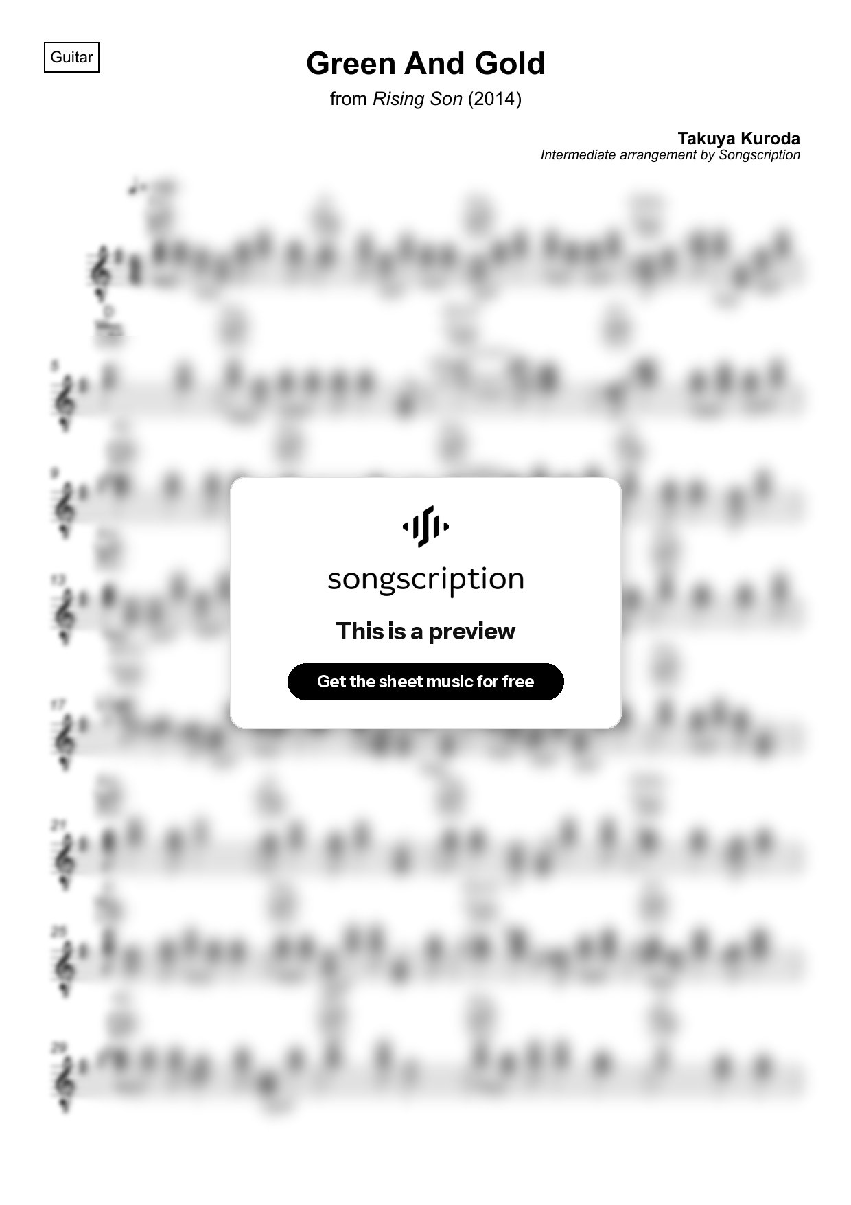 Intermediate Acoustic Guitar Sheet Music for "Green And Gold" by Takuya Kuroda