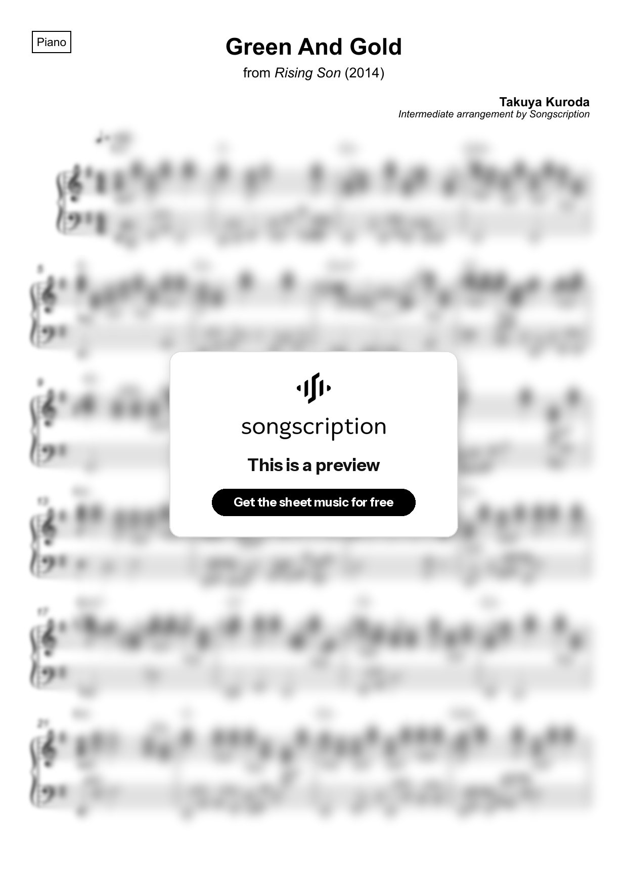 Intermediate Piano Sheet Music for "Green And Gold" by Takuya Kuroda