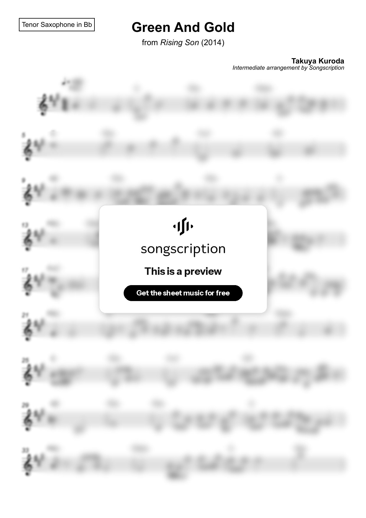 Intermediate Tenor Sax Sheet Music for "Green And Gold" by Takuya Kuroda