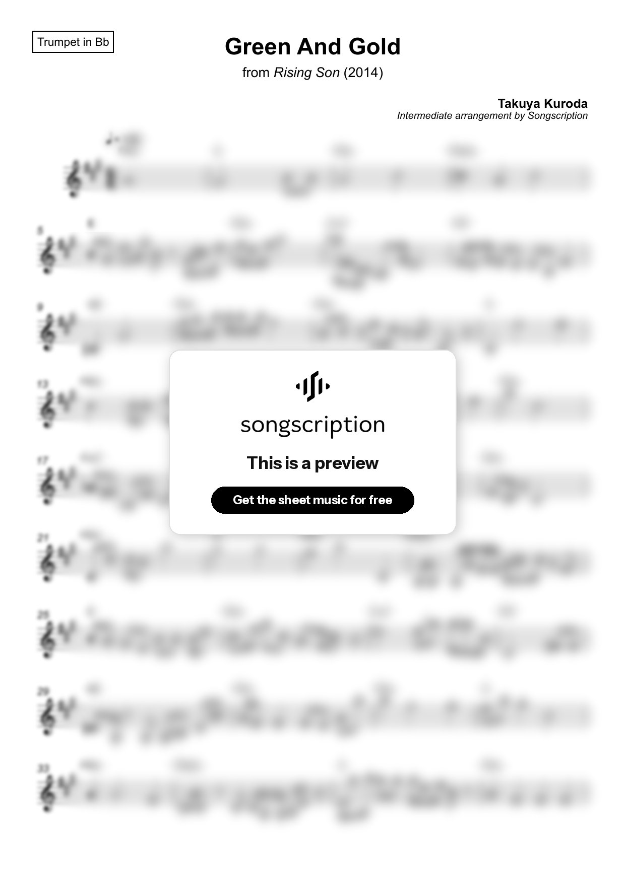 Intermediate Trumpet Sheet Music for "Green And Gold" by Takuya Kuroda