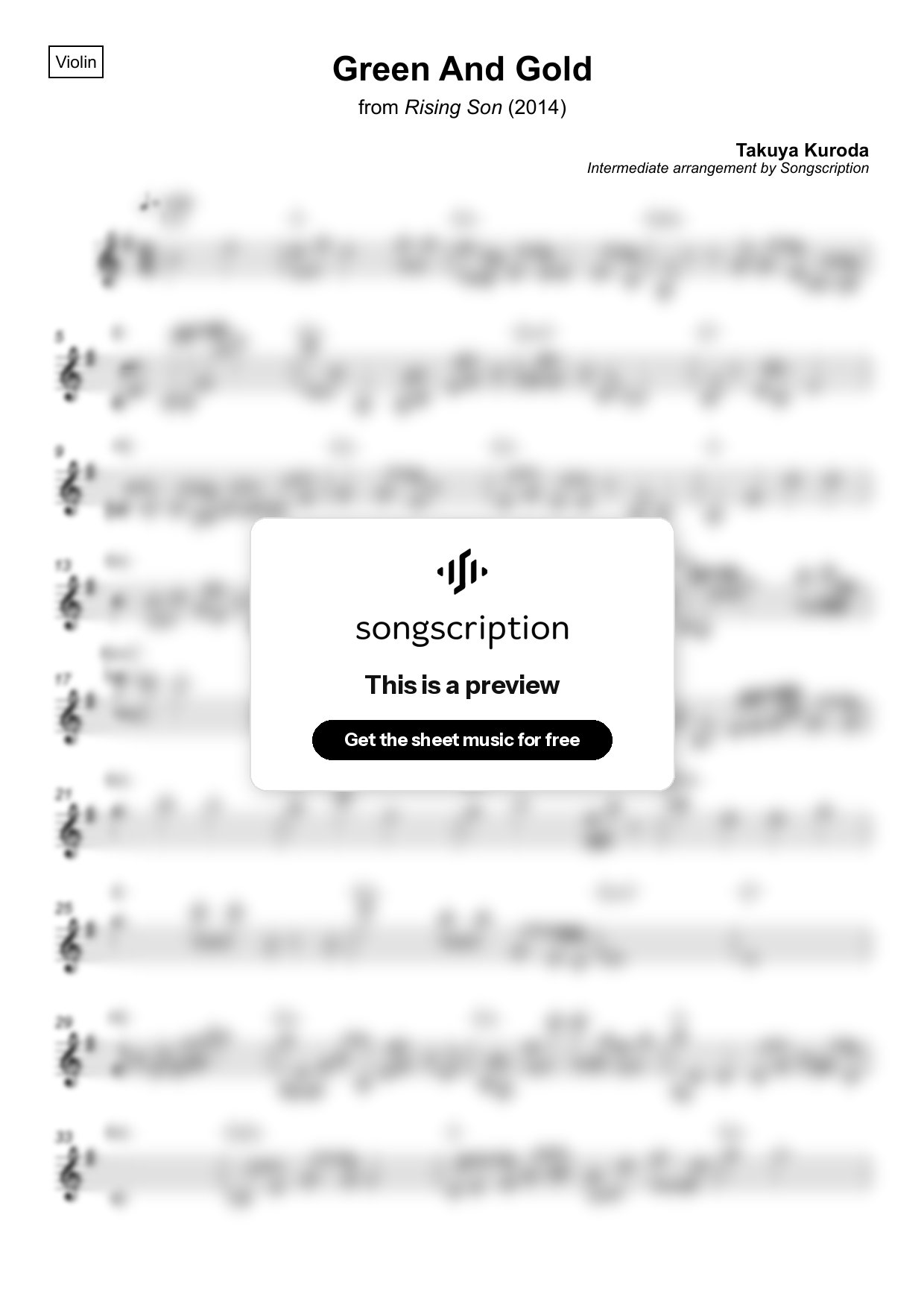 Intermediate Violin Sheet Music for "Green And Gold" by Takuya Kuroda
