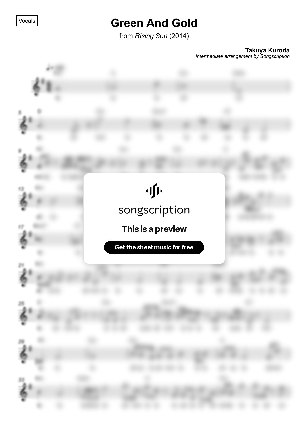 Intermediate Vocals Sheet Music for "Green And Gold" by Takuya Kuroda