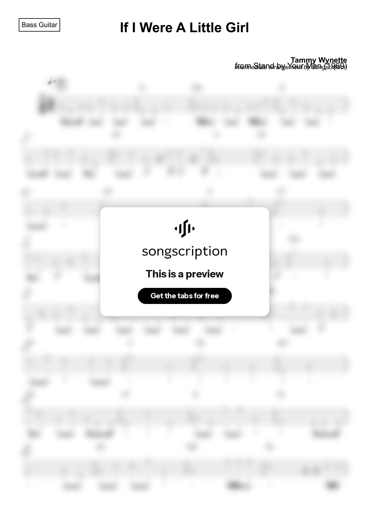 Intermediate Bass Guitar Tabs for "If I Were A Little Girl" by Tammy Wynette