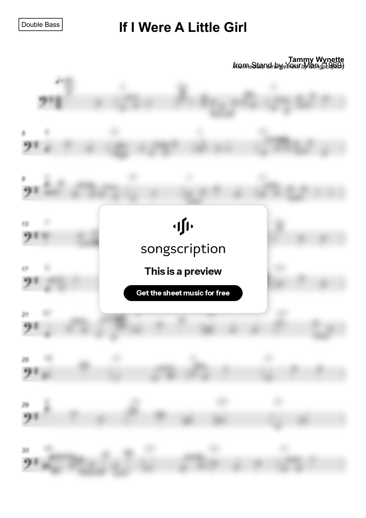Intermediate Double Bass Sheet Music for "If I Were A Little Girl" by Tammy Wynette