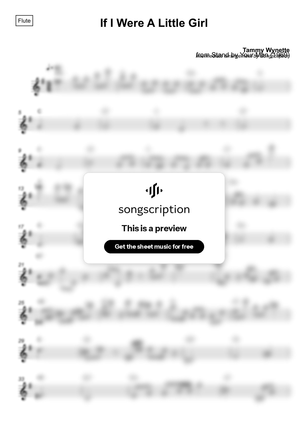 Intermediate Flute Sheet Music for "If I Were A Little Girl" by Tammy Wynette