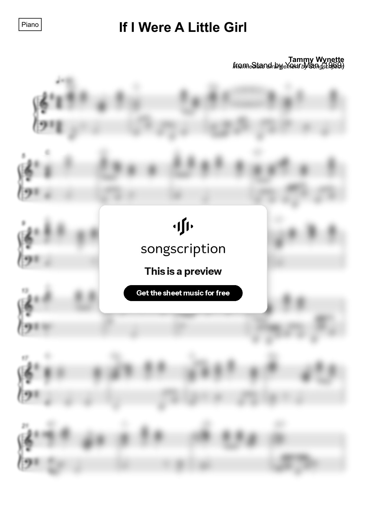 Intermediate Piano Sheet Music for "If I Were A Little Girl" by Tammy Wynette