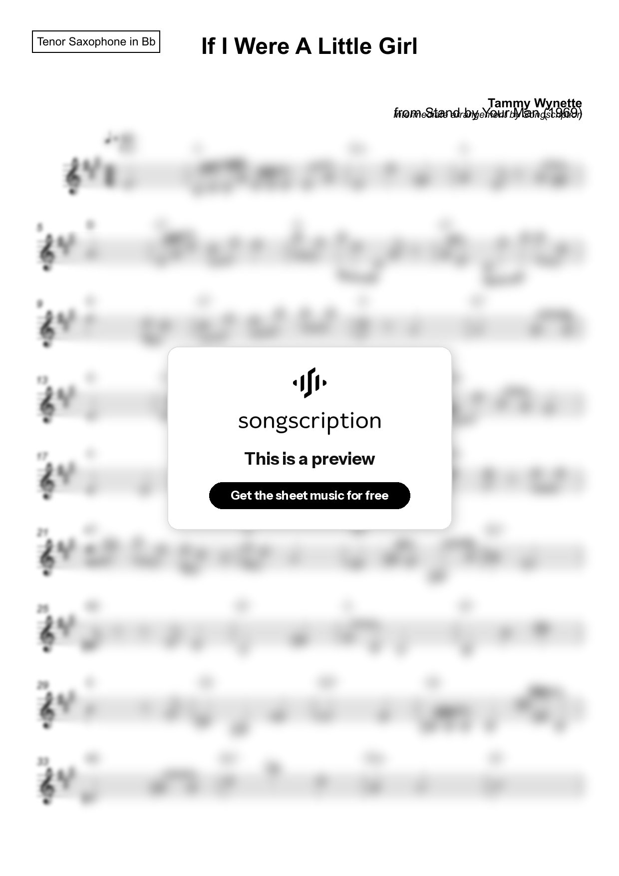 Intermediate Tenor Sax Sheet Music for "If I Were A Little Girl" by Tammy Wynette