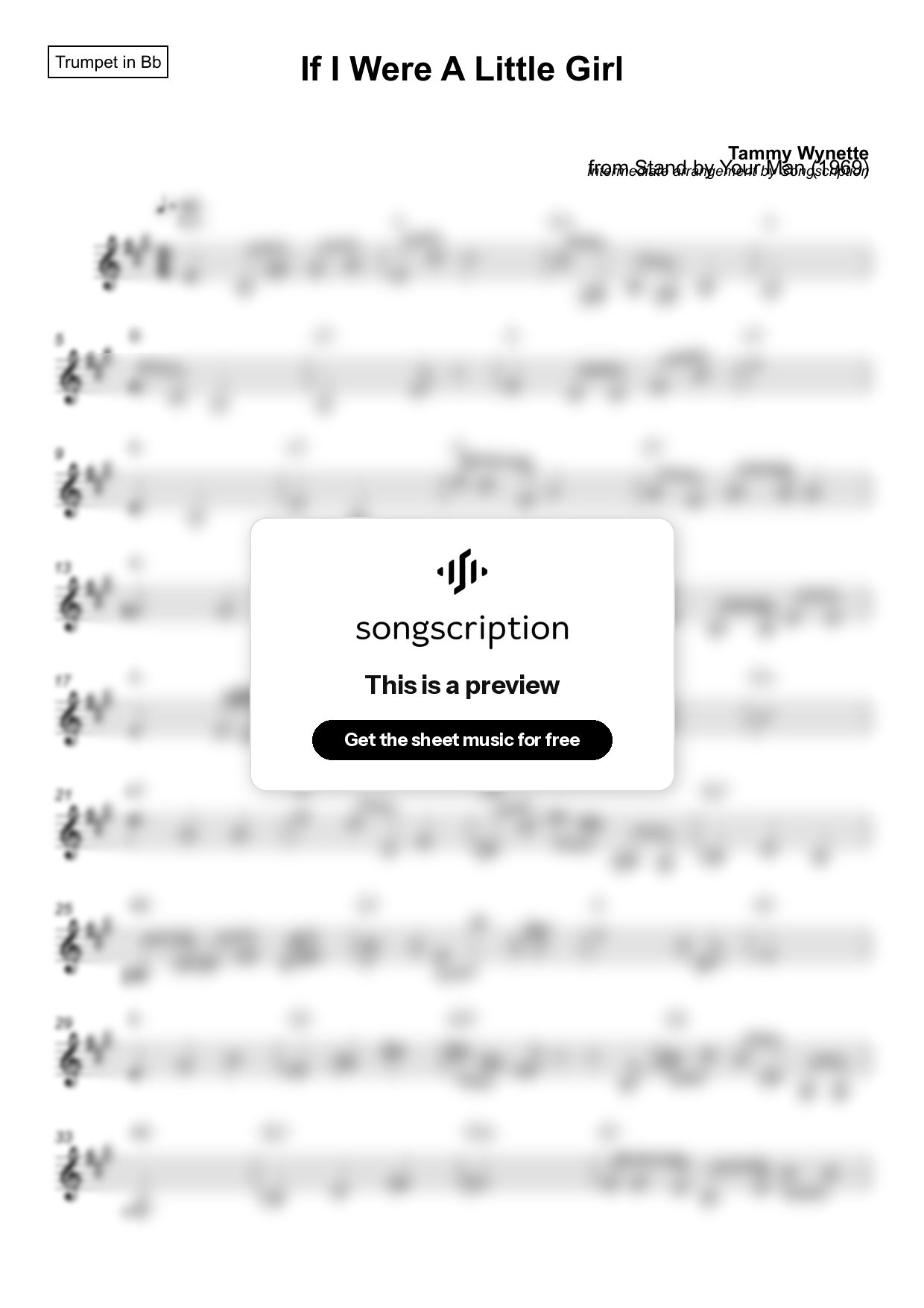 Intermediate Trumpet Sheet Music for "If I Were A Little Girl" by Tammy Wynette