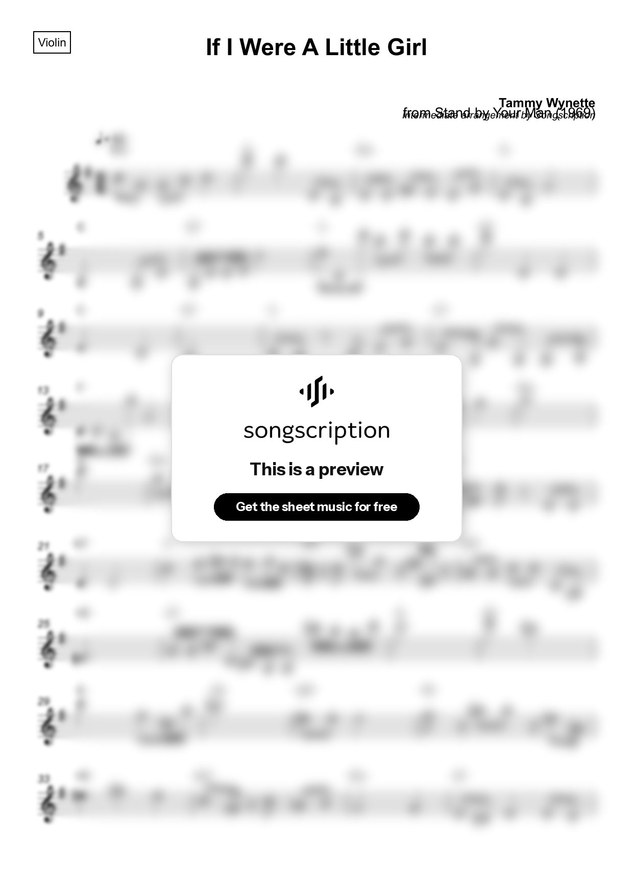Intermediate Violin Sheet Music for "If I Were A Little Girl" by Tammy Wynette