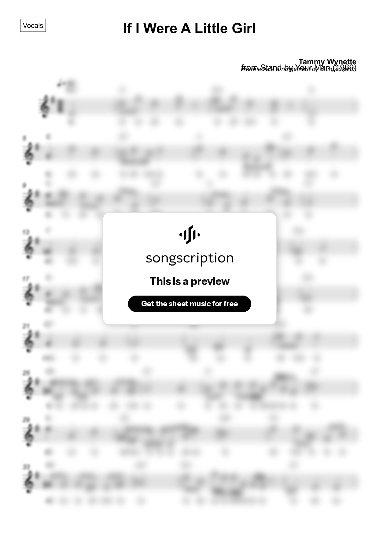 Intermediate Vocals Sheet Music for "If I Were A Little Girl" by Tammy Wynette