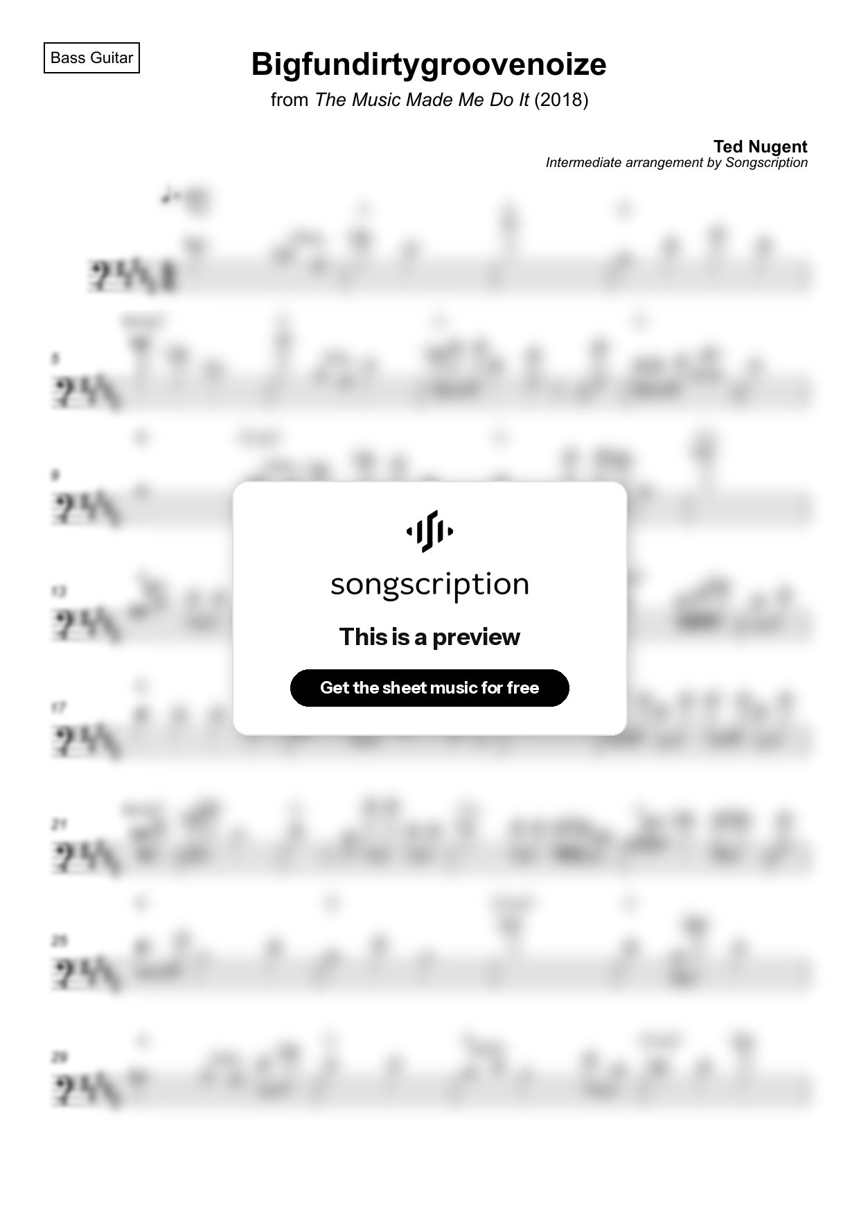 Intermediate Bass Guitar Sheet Music for "Bigfundirtygroovenoize" by Ted Nugent