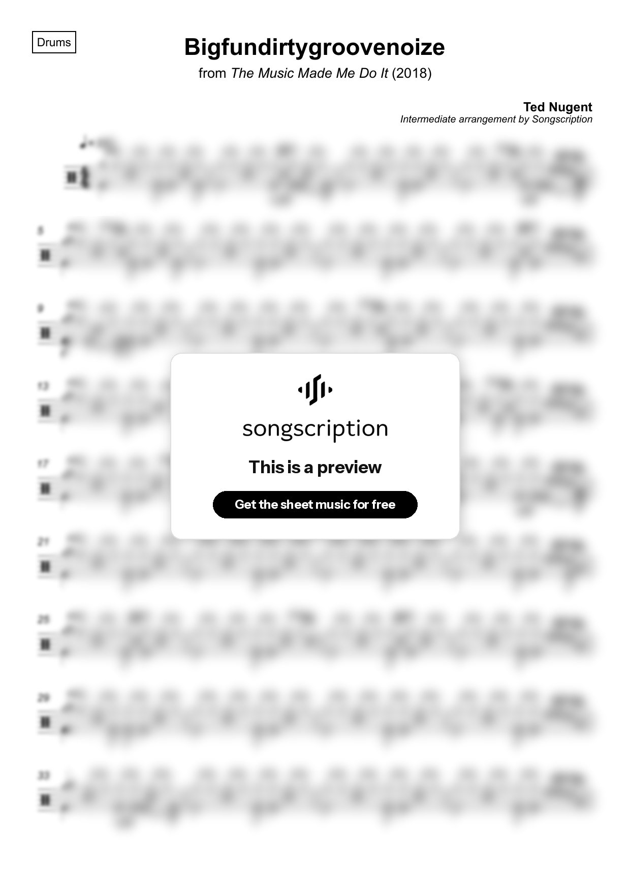Intermediate Drums Sheet Music for "Bigfundirtygroovenoize" by Ted Nugent