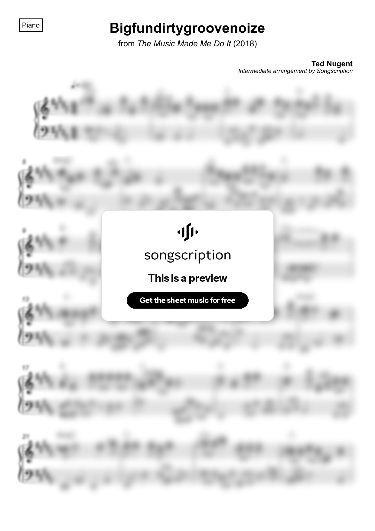 Intermediate Piano Sheet Music for "Bigfundirtygroovenoize" by Ted Nugent