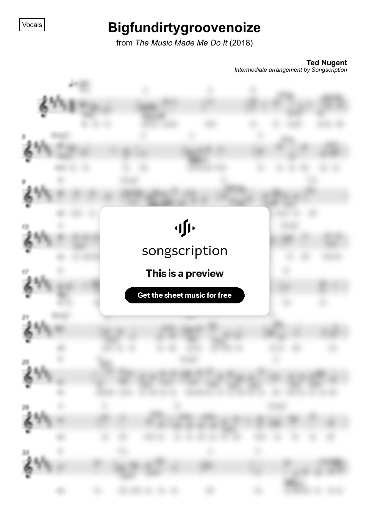 Intermediate Vocals Sheet Music for "Bigfundirtygroovenoize" by Ted Nugent