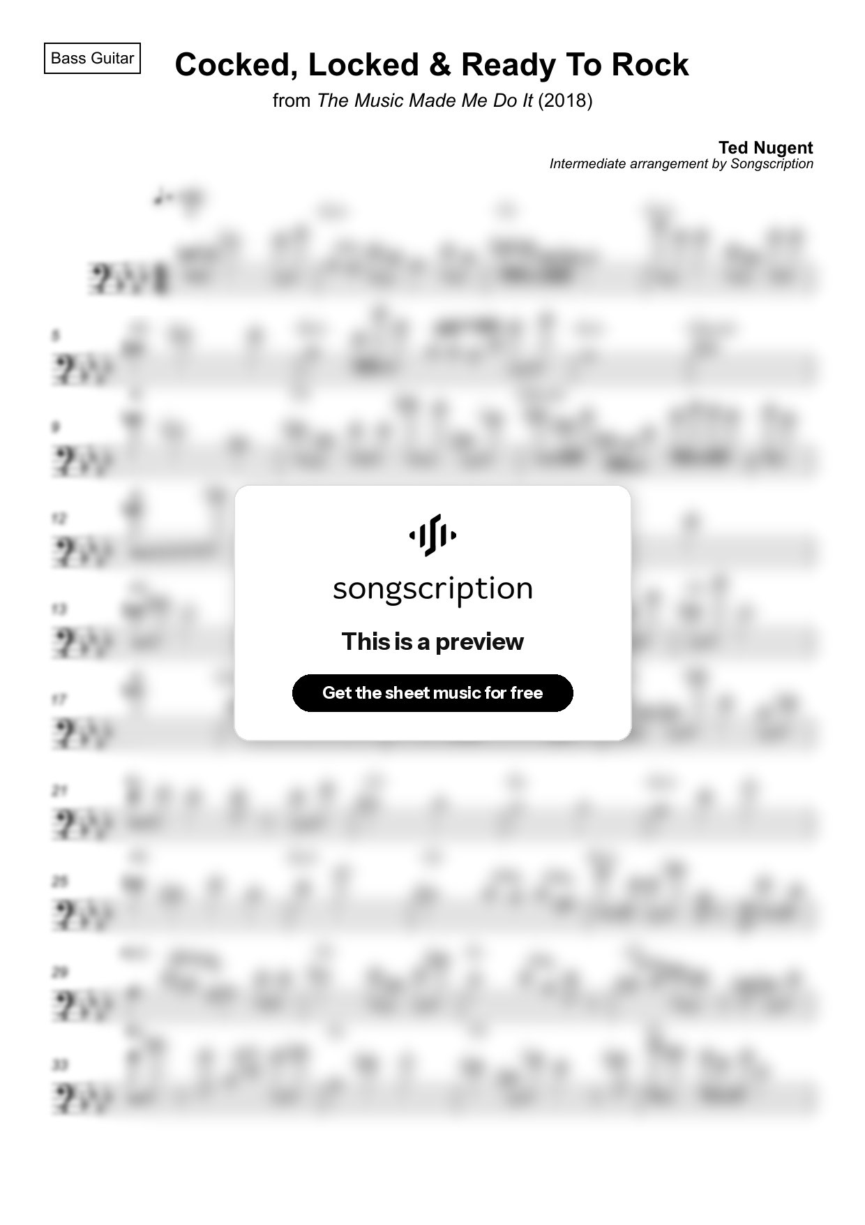 Intermediate Bass Guitar Sheet Music for "Cocked, Locked & Ready To Rock" by Ted Nugent