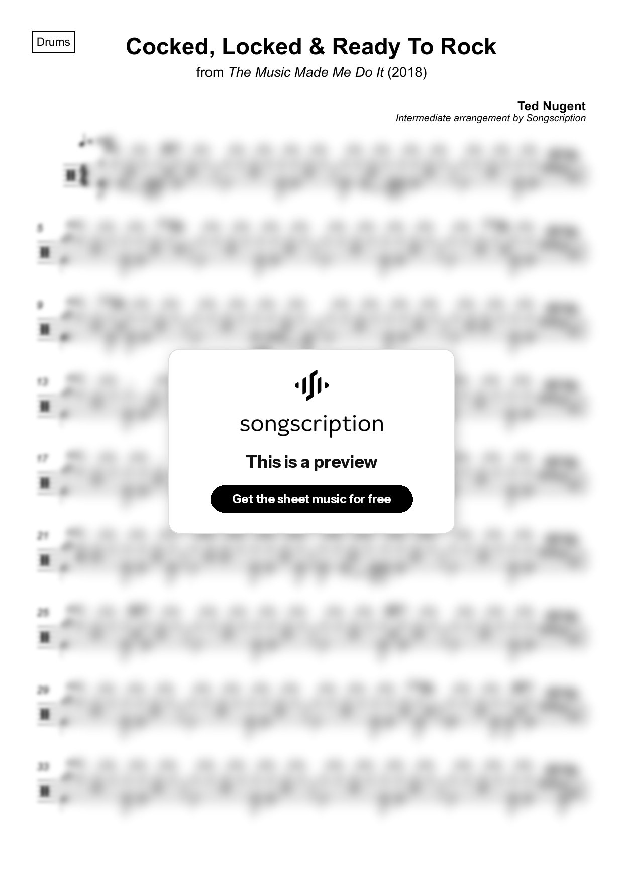 Intermediate Drums Sheet Music for "Cocked, Locked & Ready To Rock" by Ted Nugent
