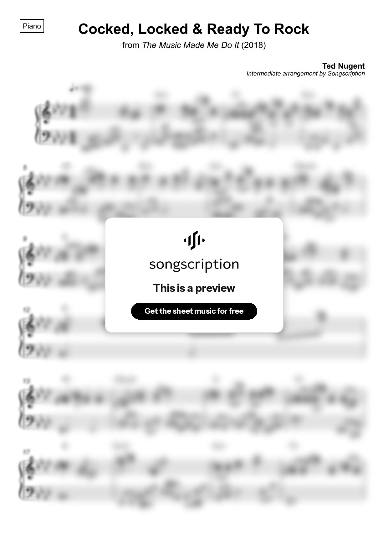 Intermediate Piano Sheet Music for "Cocked, Locked & Ready To Rock" by Ted Nugent