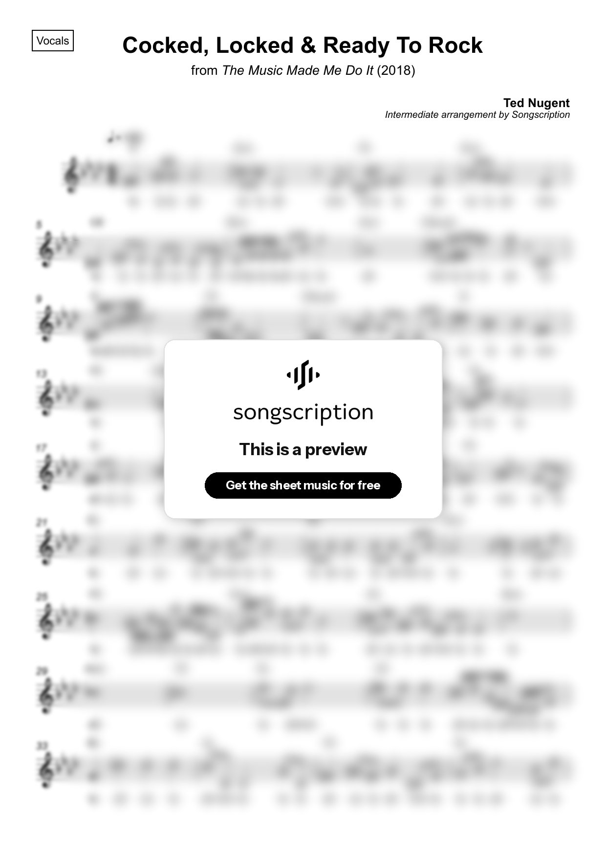 Intermediate Vocals Sheet Music for "Cocked, Locked & Ready To Rock" by Ted Nugent