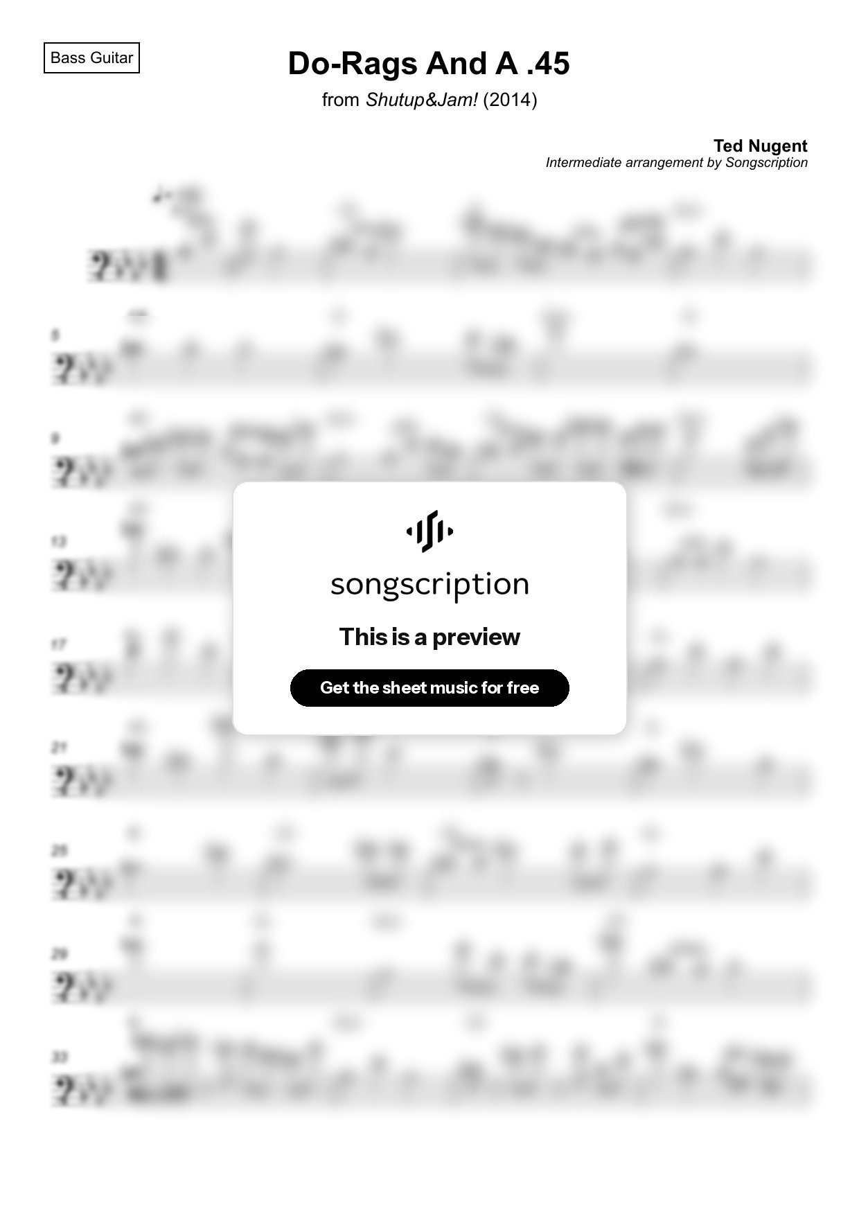 Intermediate Bass Guitar Sheet Music for "Do-Rags And A .45" by Ted Nugent