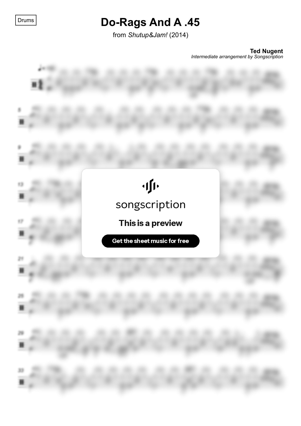 Intermediate Drums Sheet Music for "Do-Rags And A .45" by Ted Nugent