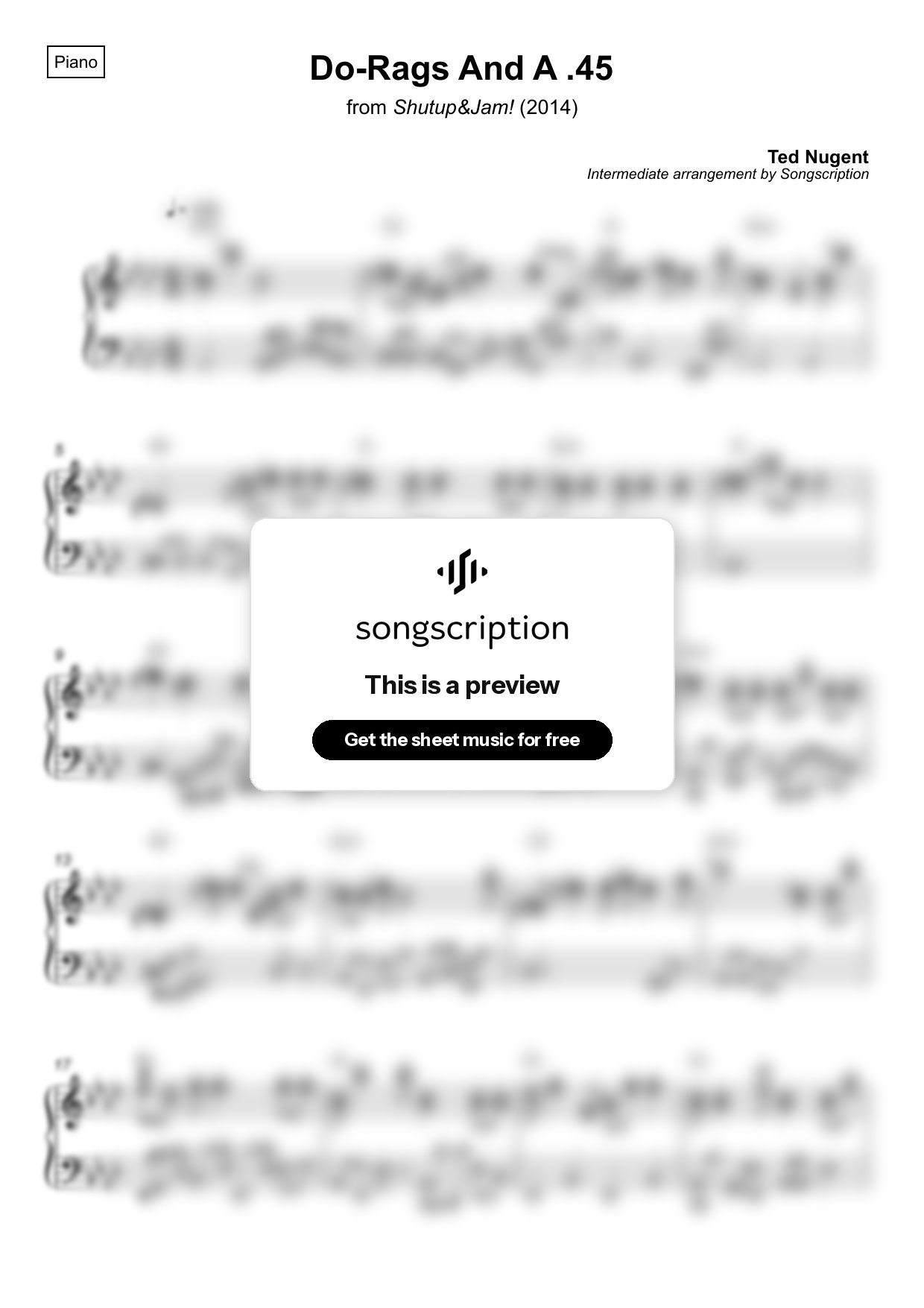 Intermediate Piano Sheet Music for "Do-Rags And A .45" by Ted Nugent