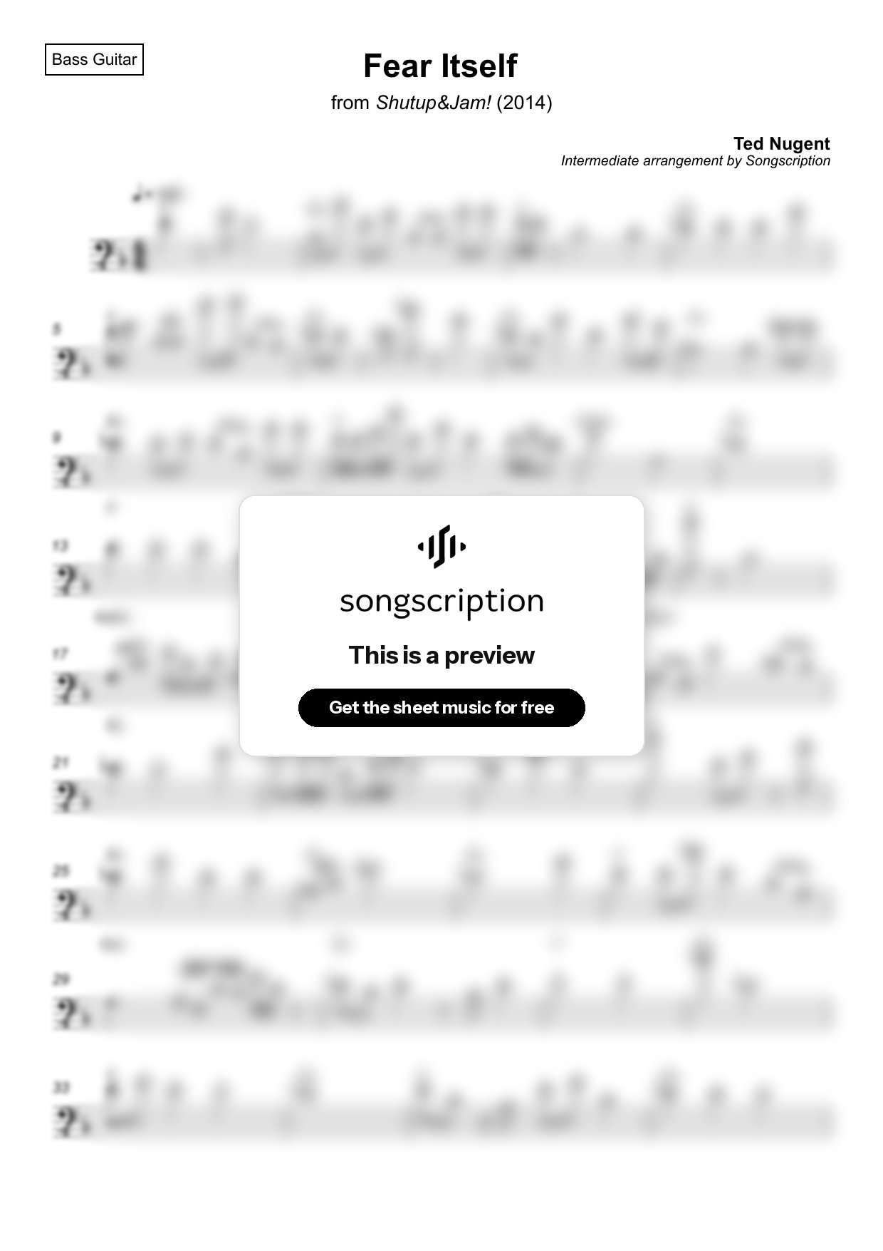 Intermediate Bass Guitar Sheet Music for "Fear Itself" by Ted Nugent