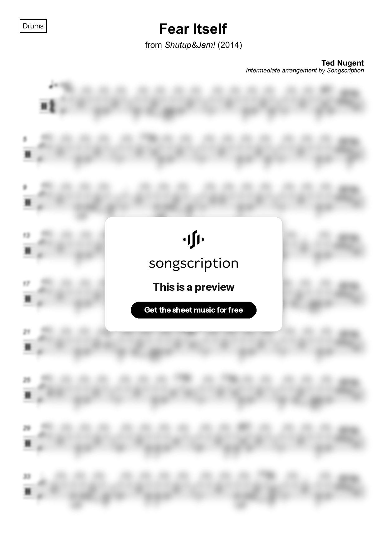 Intermediate Drums Sheet Music for "Fear Itself" by Ted Nugent
