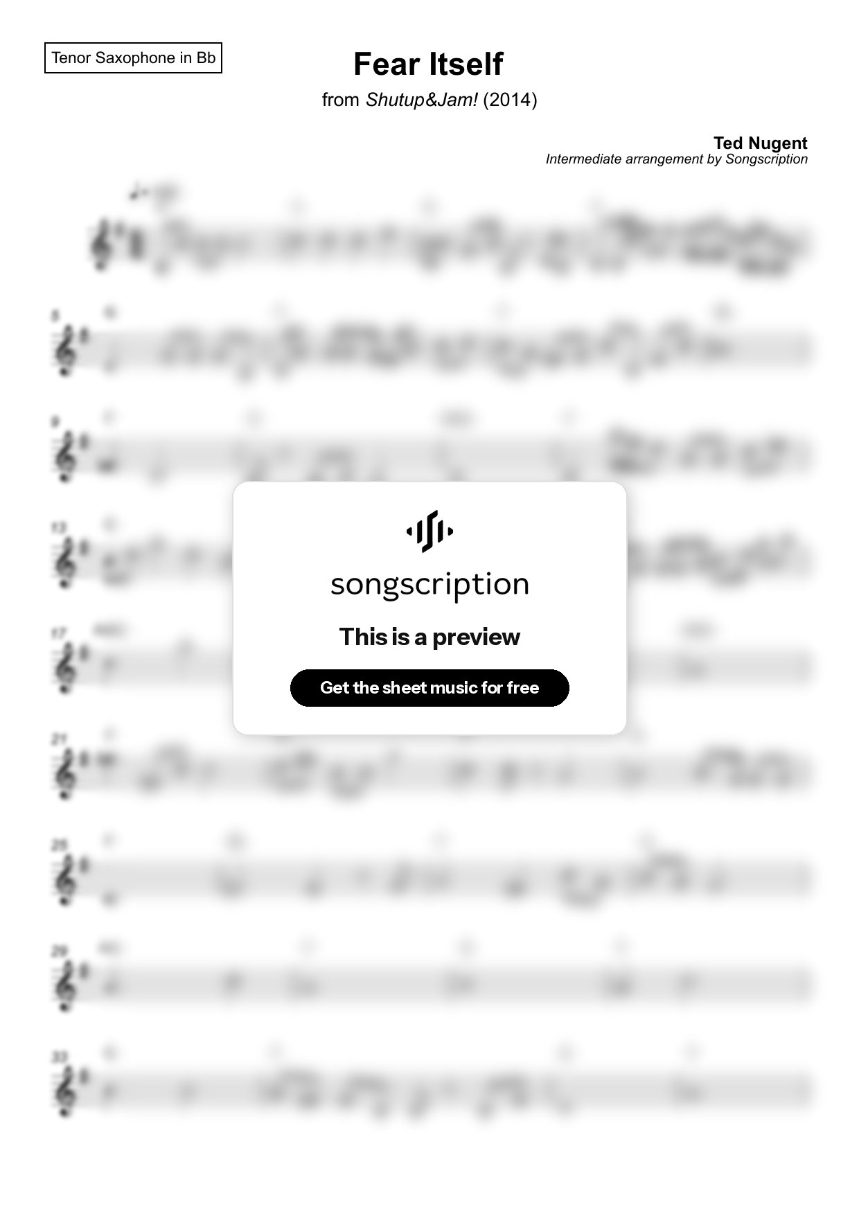 Intermediate Tenor Sax Sheet Music for "Fear Itself" by Ted Nugent