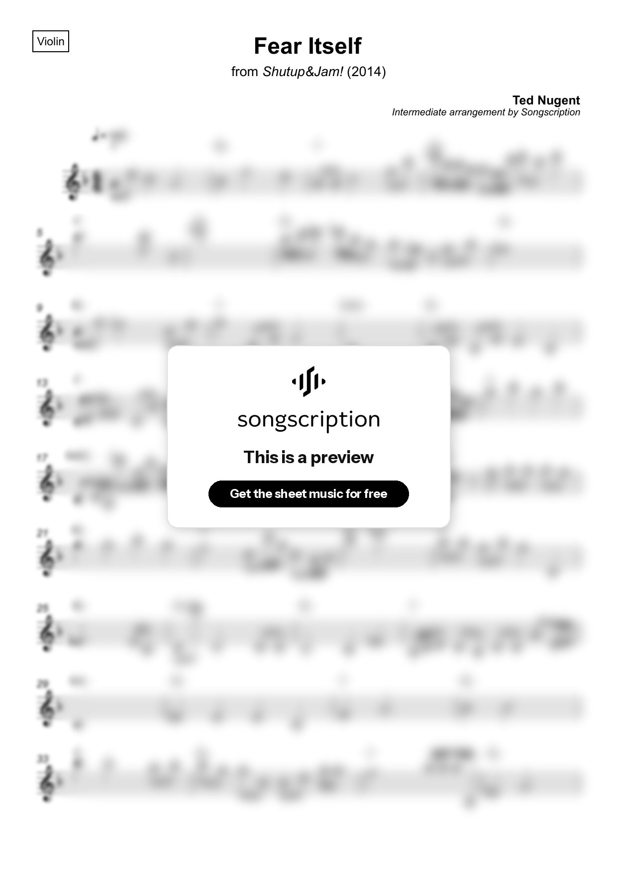 Intermediate Violin Sheet Music for "Fear Itself" by Ted Nugent