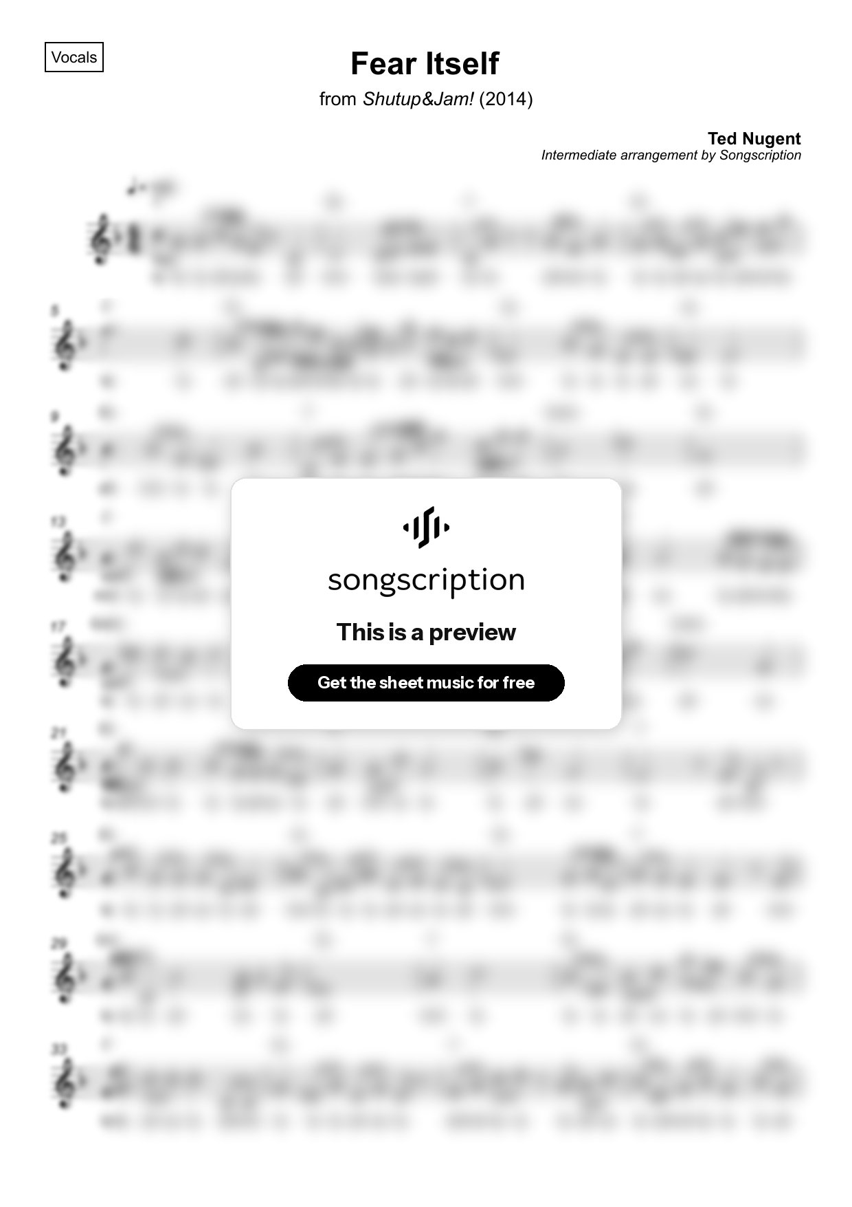 Intermediate Vocals Sheet Music for "Fear Itself" by Ted Nugent