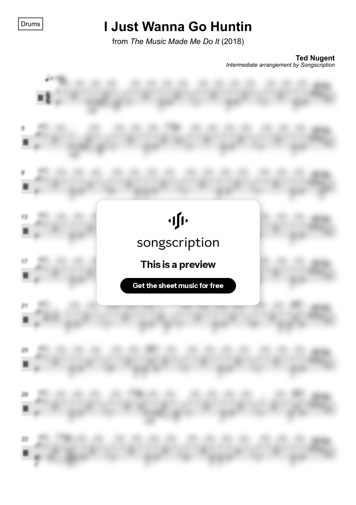 Intermediate Drums Sheet Music for "I Just Wanna Go Huntin" by Ted Nugent